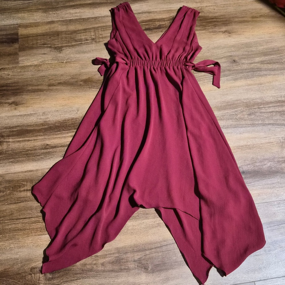 Sweet Storm Brick Red Handkerchief Hem V-Neck Dress Small Boho, Whimsigoth Y2K